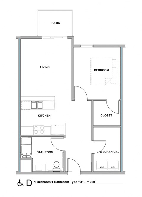 Floor plan for 1 bed, 1 bath, 710 sqft